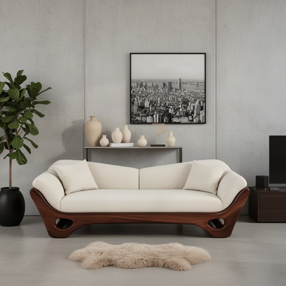 Navira sculptural wood sofa in Walnut with curved solid wood base and plush upholstered seat