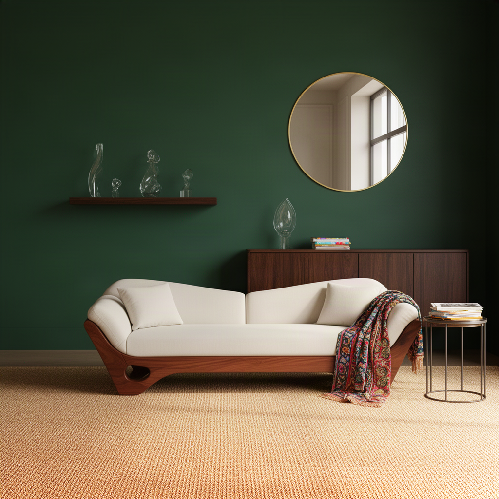 Navira wood base sofa in Brown finish with carved oval side cutouts and scalloped upholstered back