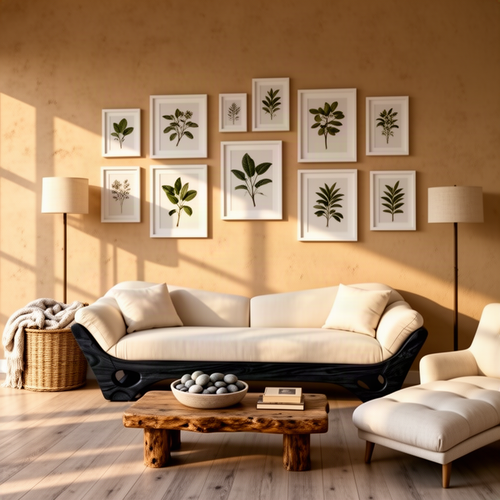 Navira sculptural wood sofa in Black with boat-shaped base and soft upholstered wave backrest