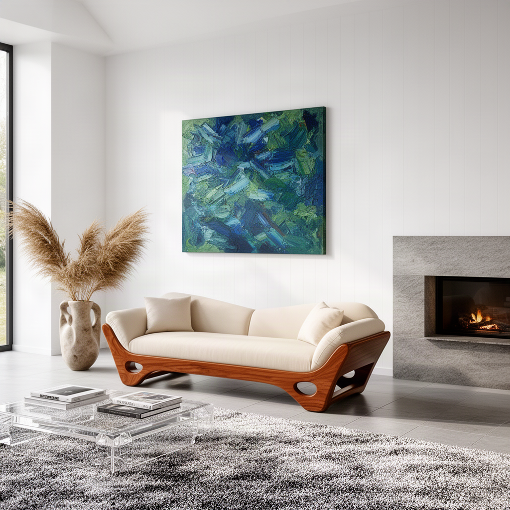 Navira sculptural wood sofa with warm wood base beside a stone fireplace in a bright modern living room