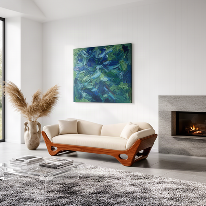 Navira sculptural wood sofa with warm wood base beside a stone fireplace in a bright modern living room