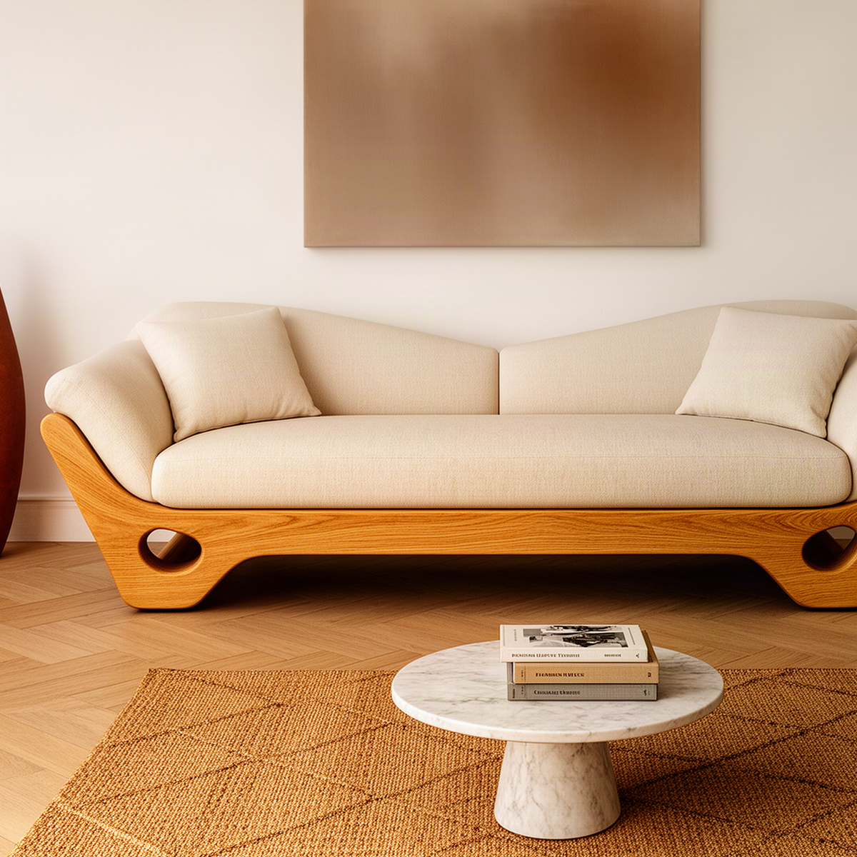 Close-up of Navira wood sofa showing the curved Oak base, carved oval cutout and soft upholstered cushions
