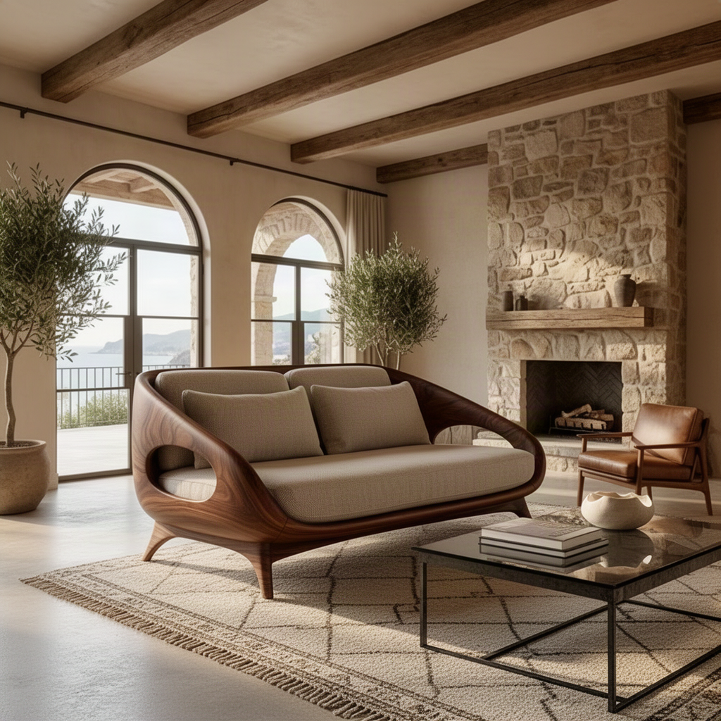 Oselle sculptural wood sofa in walnut finish with open oval arms, splayed legs and plush upholstered seat