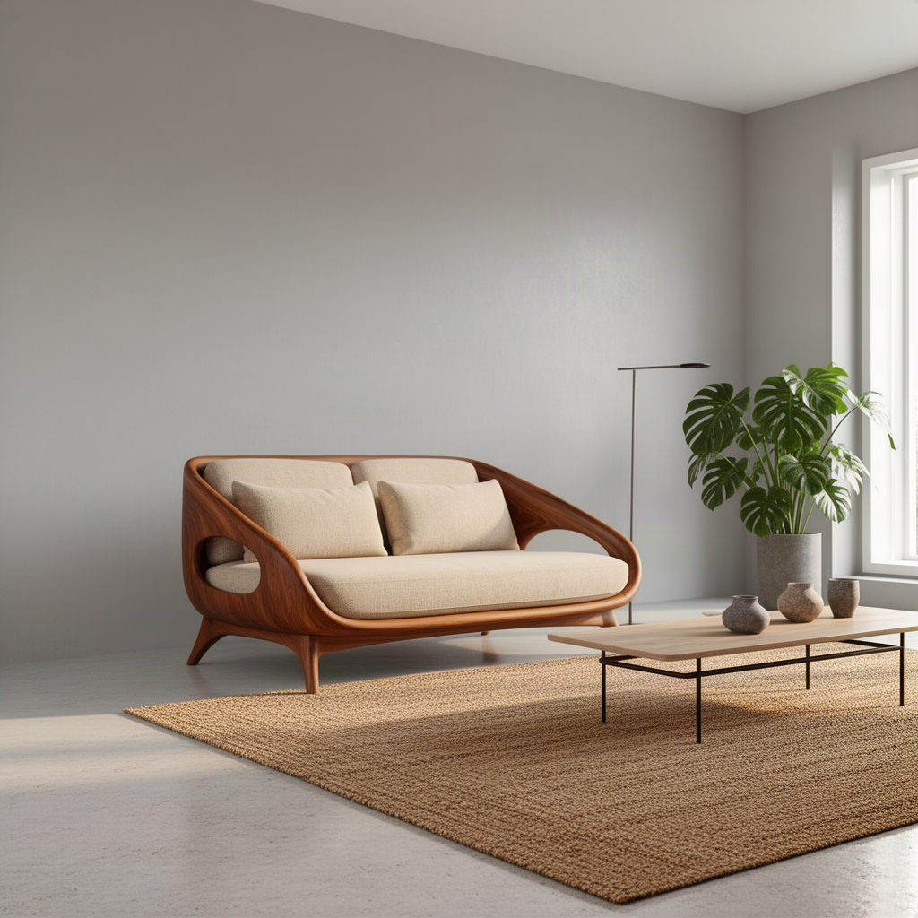 Oselle sculptural wood sofa in brown finish, a curved solid wood shell loveseat with cream cushions