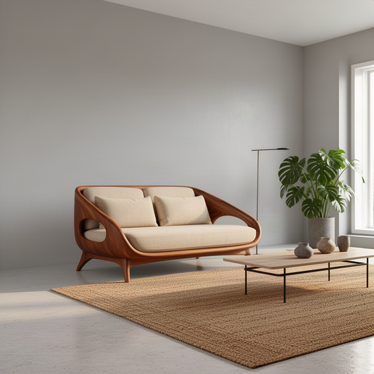 Oselle sculptural wood sofa in brown finish, a curved solid wood shell loveseat with cream cushions