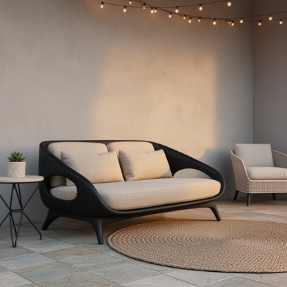 Oselle sculptural wood sofa in black finish with a continuous shell frame and carved oval arm cutouts