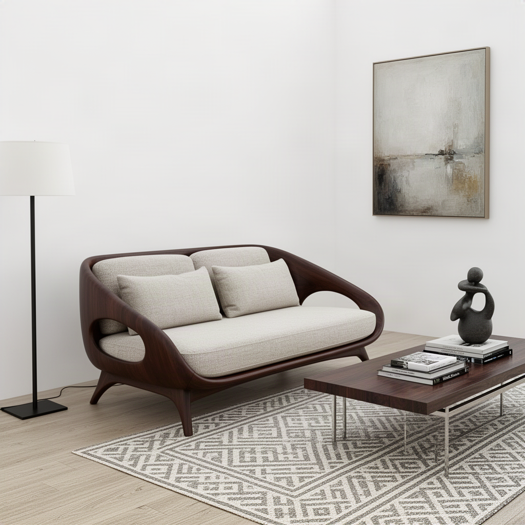Oselle wood shell sofa in a dark finish styled in a bright modern living room with a coffee table and rug