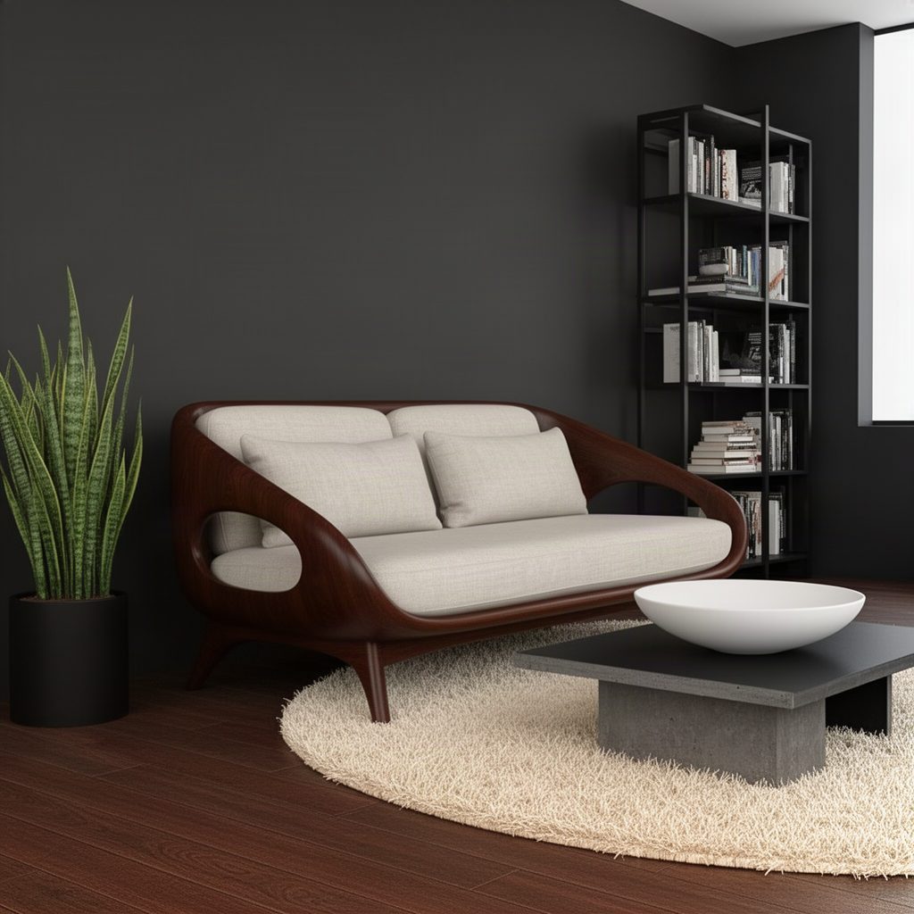 Oselle sculptural sofa in a dark wood finish in a moody living room beside a bookshelf and round shag rug