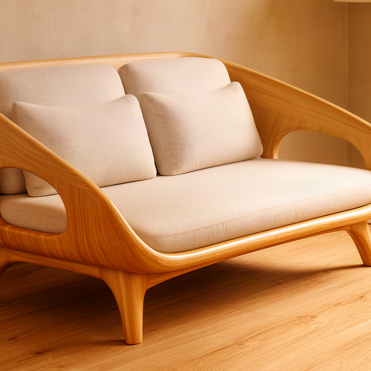 Close-up of the Oselle oak sofa showing the oval arm cutout, tapered wood legs and soft cream cushions
