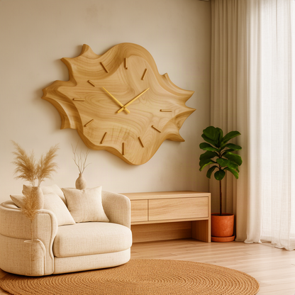 Solvane sculptural wood wall clock in oak with flame-like rippled edges and gold hands above a cream armchair