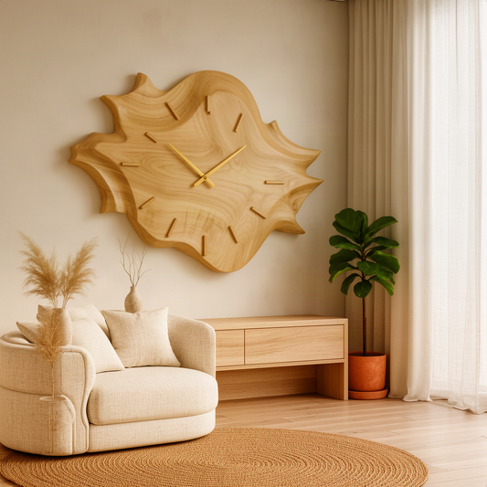 Solvane sculptural wood wall clock in oak with flame-like rippled edges and gold hands above a cream armchair