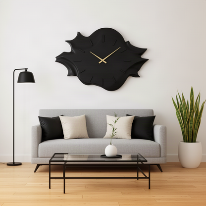 Solvane sculptural wood wall clock in black finish with gold hands hung above a grey sofa in a living room