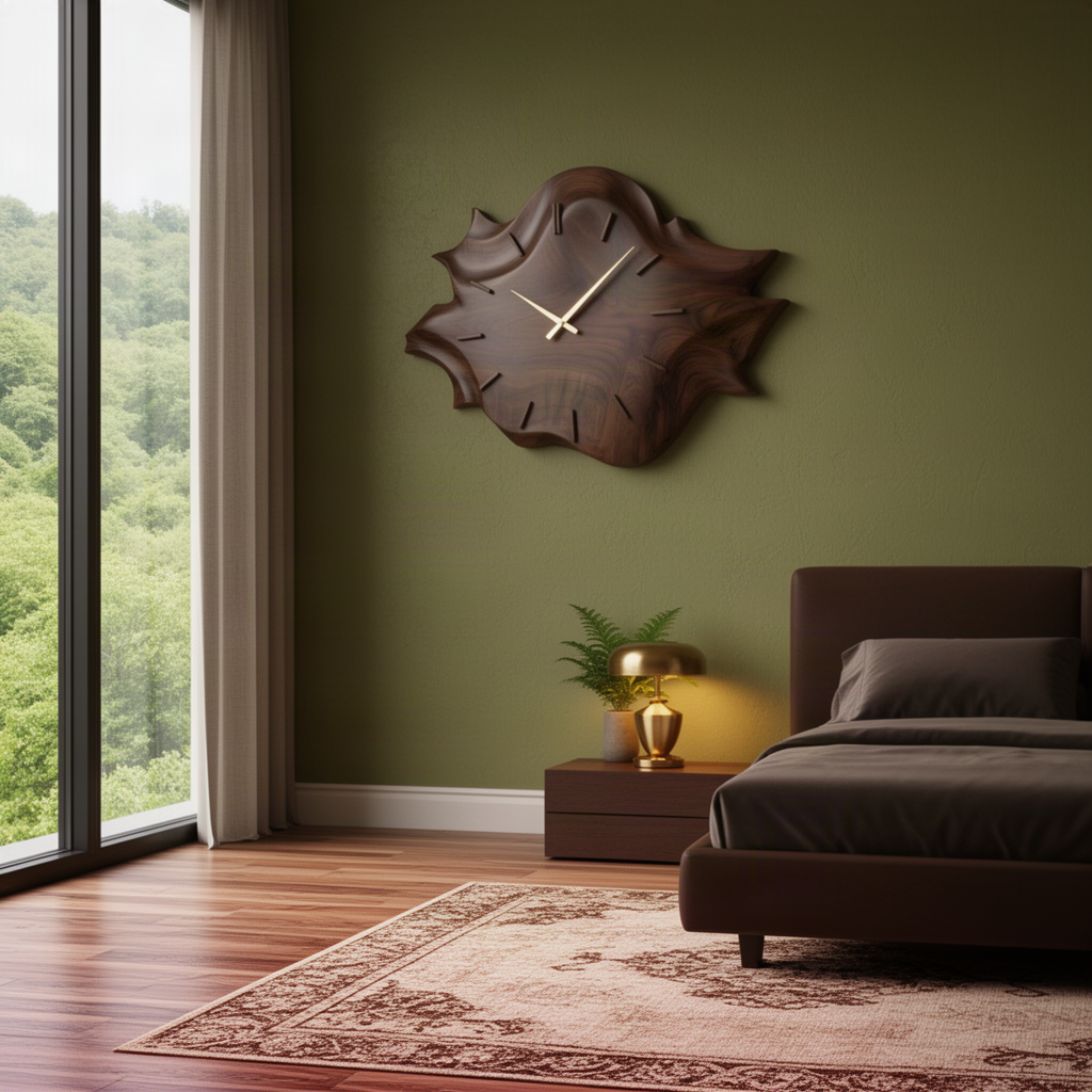 Solvane carved wood wall clock in a dark finish above a nightstand in a modern bedroom with olive green walls