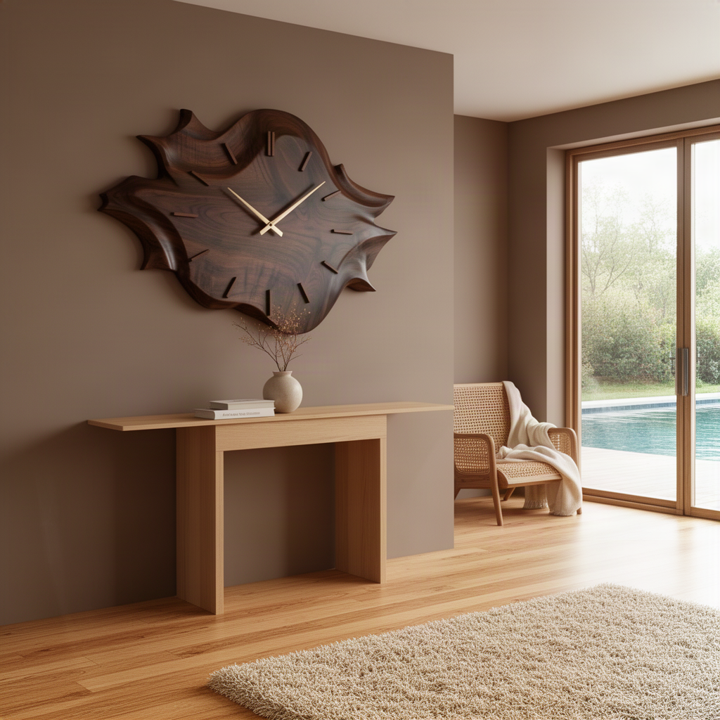Solvane sculptural wall clock in a dark wood finish hung above a light oak console table in a modern hallway