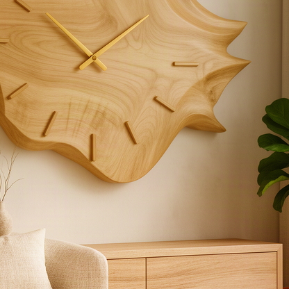 Close-up of the Solvane oak wall clock showing rippled carved edges, natural grain and gold-tone clock hands