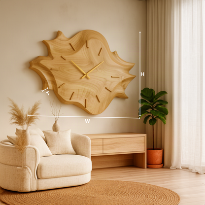 Solvane sculptural wood wall clock dimensions diagram showing width, height and thickness for each size