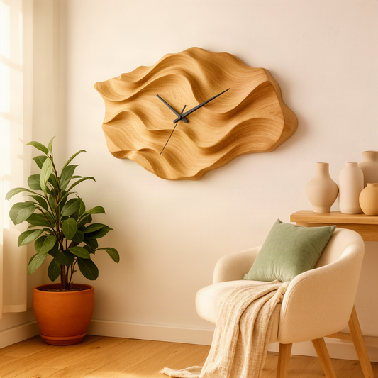 Dunessa sculptural wood wall clock in oak with layered wave ridges and black hands above a cream accent chair