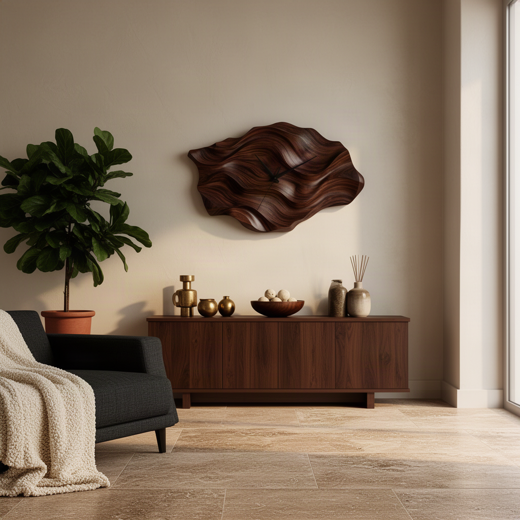 Dunessa sculptural wood wall clock in walnut finish, a rippled carved wave clock above a wood sideboard