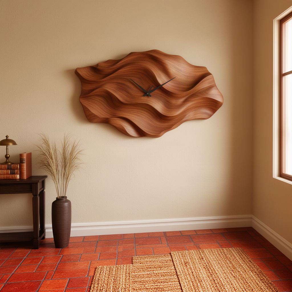 Dunessa sculptural wood wall clock in brown finish with deep layered wave relief and minimal black hands