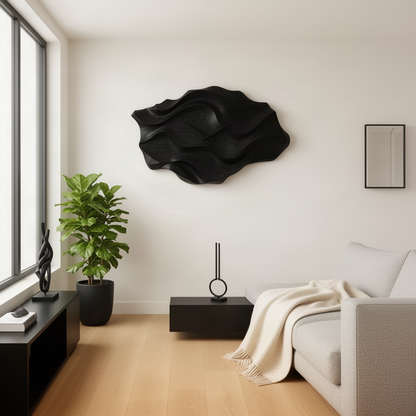 Dunessa sculptural wood wall clock in black finish, a textured wave wall art clock in a modern living room