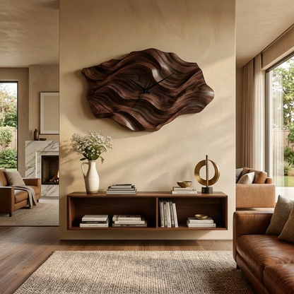 Dunessa rippled wood wall clock in a dark finish above a floating shelf in a warm open-plan living room