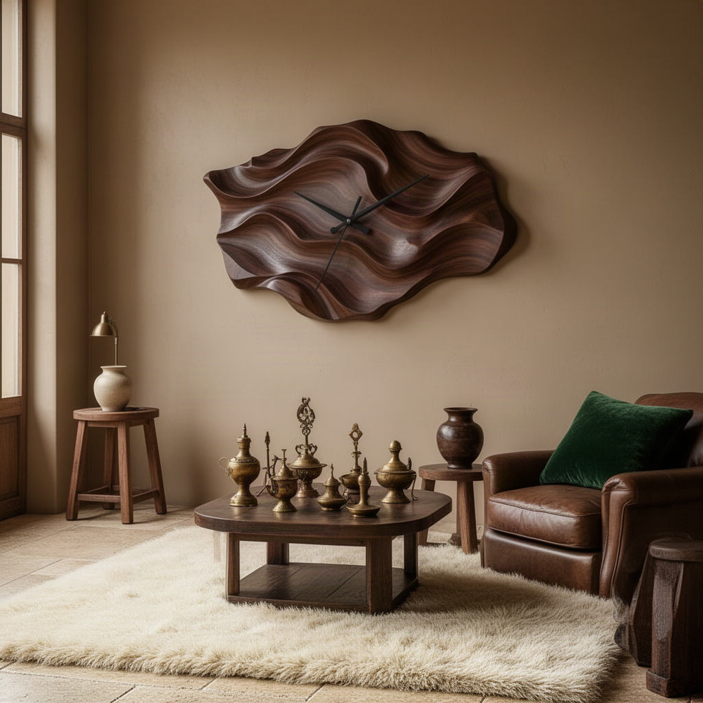 Dunessa carved wave wall clock in a dark wood finish styled above a coffee table and leather armchair