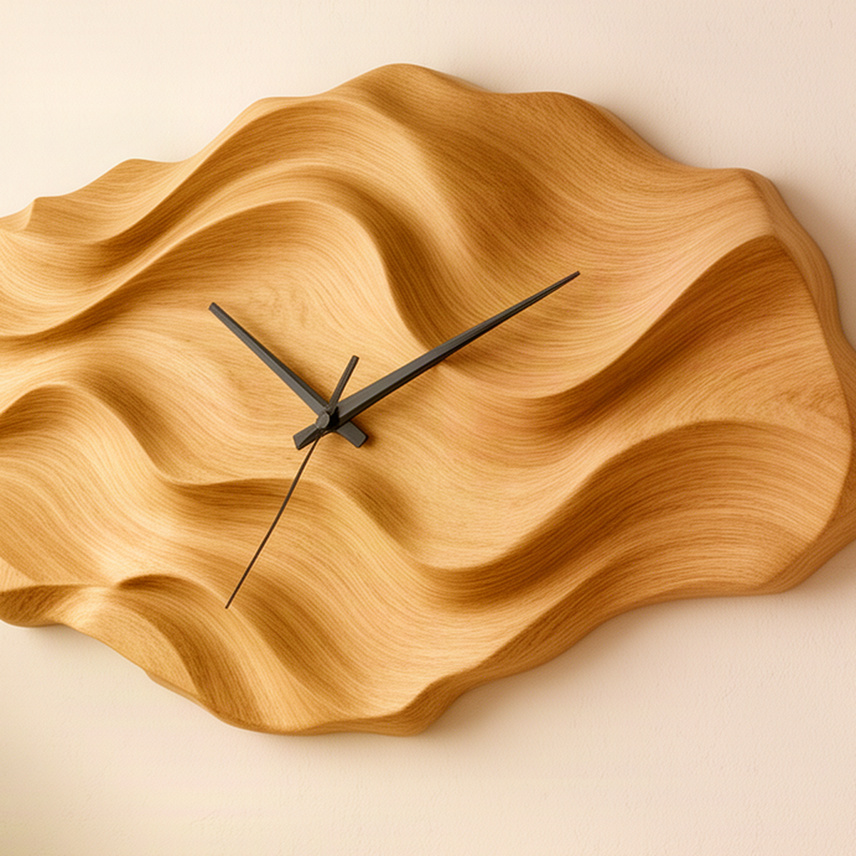 Close-up of the Dunessa oak wall clock showing layered wave ridges, natural grain and slim black clock hands