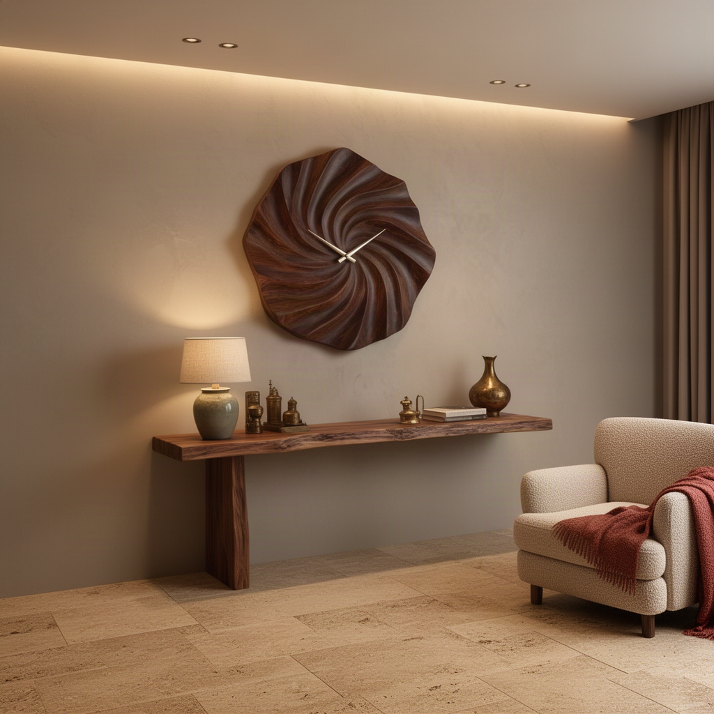Vortessa sculptural wood wall clock in walnut finish, an upright oval clock with deep spiral carved ridges