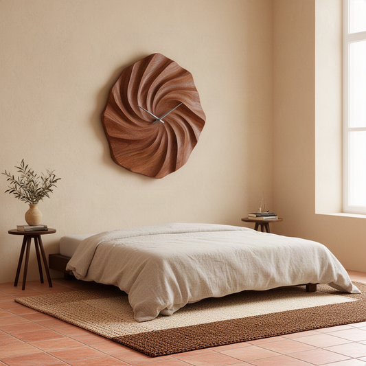 Vortessa sculptural wood wall clock in brown finish with a swirling vortex relief and wavy organic rim