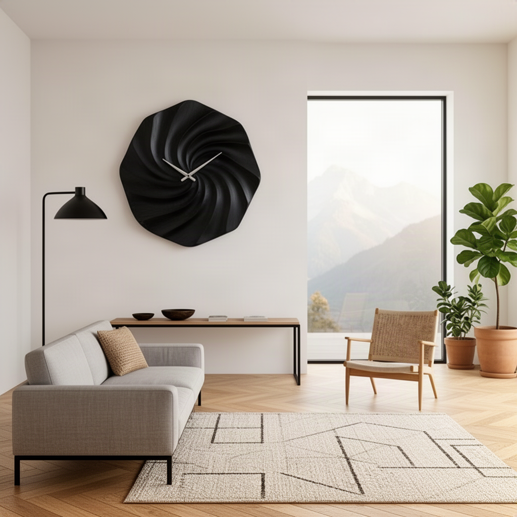 Vortessa sculptural wood wall clock in black finish with spiral ridges in a bright modern living room