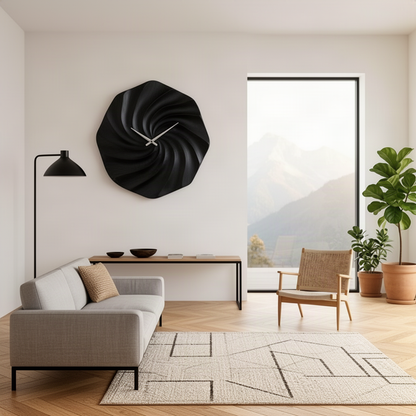 Vortessa sculptural wood wall clock in black finish with spiral ridges in a bright modern living room