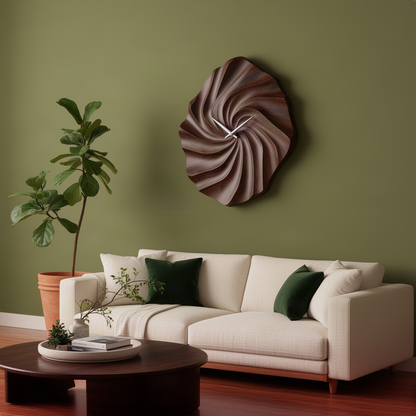 Vortessa spiral wood wall clock in a dark finish above a cream sofa on an olive green living room wall