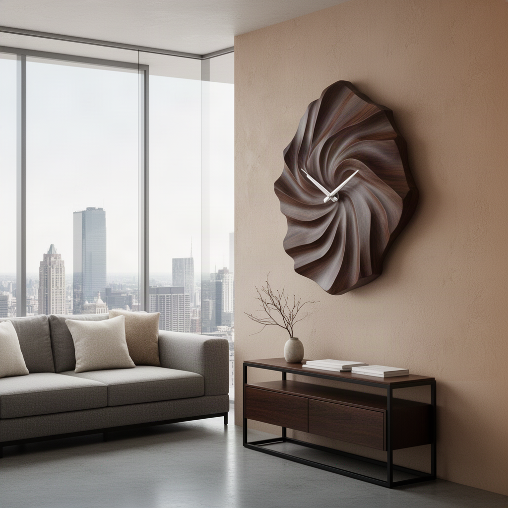 Vortessa swirl carved wall clock in a dark wood finish above a console in a city-view modern apartment