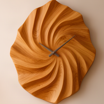 Close-up of the Vortessa oak wall clock showing spiral carved ridges, natural wood grain and slim metal hands
