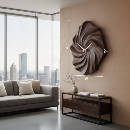 Vortessa sculptural wood wall clock dimensions diagram showing width, height and thickness for each size