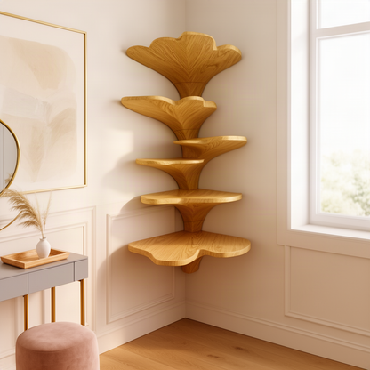 Ginkora sculptural wood corner shelf in oak with stacked ginkgo leaf tiers floating in a bright bedroom corner