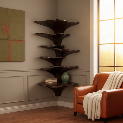 Ginkora sculptural wood corner shelf in walnut finish, a tiered ginkgo leaf floating shelf for plants and decor