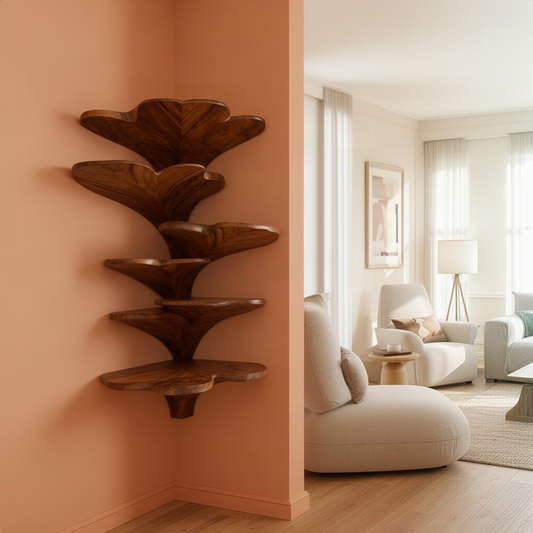 Ginkora sculptural wood corner shelf in brown finish with carved fan-shaped tiers on a slim central stem