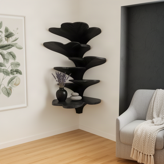 Ginkora sculptural wood corner shelf in black finish, a modern tiered floating wall shelf with leaf shapes