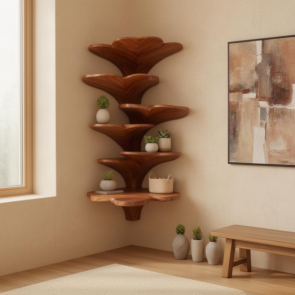 Ginkora tiered wood corner shelf in a dark finish displaying small potted plants in a warm living room