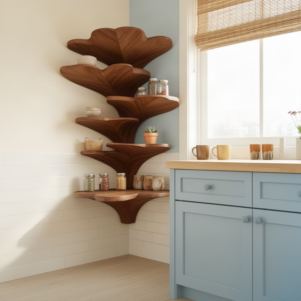 Ginkora ginkgo leaf corner shelf in a dark wood finish holding jars and spices in a kitchen corner