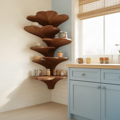 Ginkora ginkgo leaf corner shelf in a dark wood finish holding jars and spices in a kitchen corner