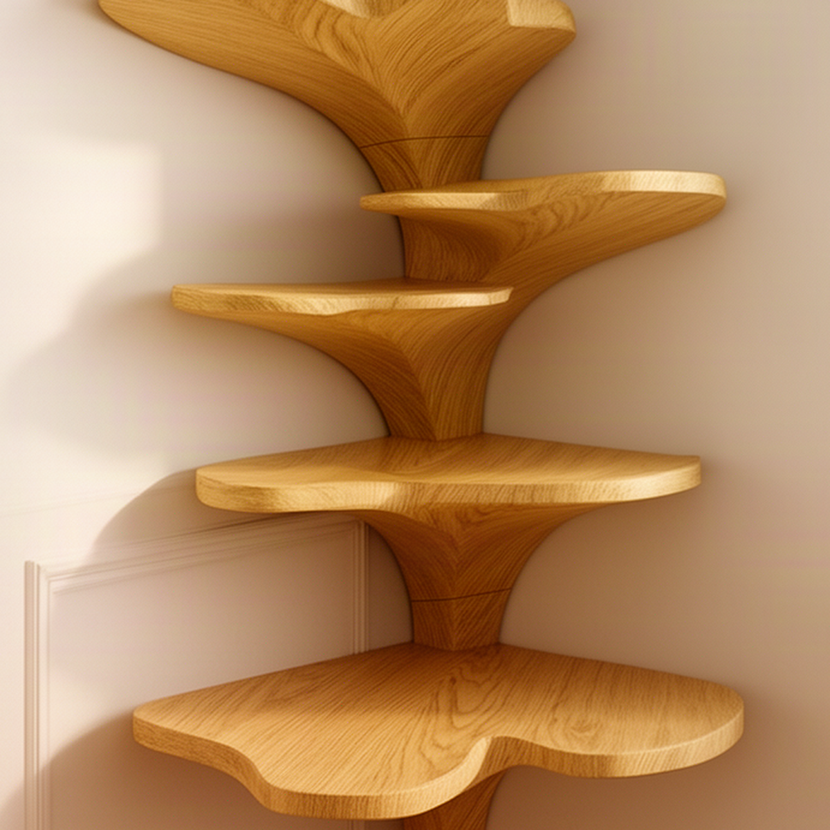 Close-up of the Ginkora wood corner shelf showing carved ginkgo leaf tiers, natural grain and stem joints