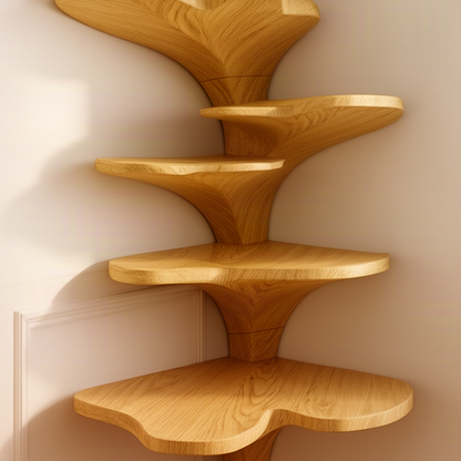 Close-up of the Ginkora wood corner shelf showing carved ginkgo leaf tiers, natural grain and stem joints