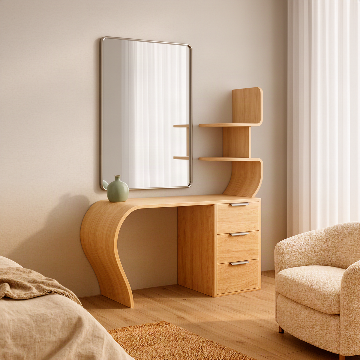 Arcelle sculptural wood vanity desk in oak with an S-curve leg, drawer pedestal and curved shelves in a bedroom