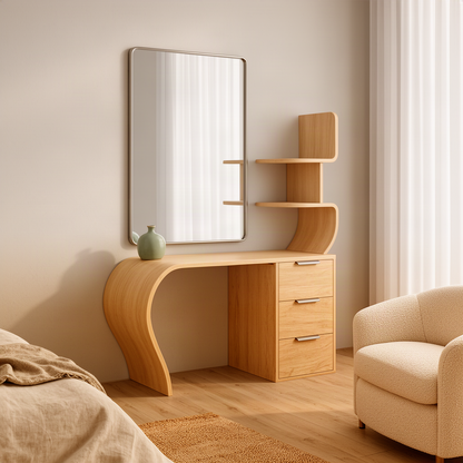 Arcelle sculptural wood vanity desk in oak with an S-curve leg, drawer pedestal and curved shelves in a bedroom