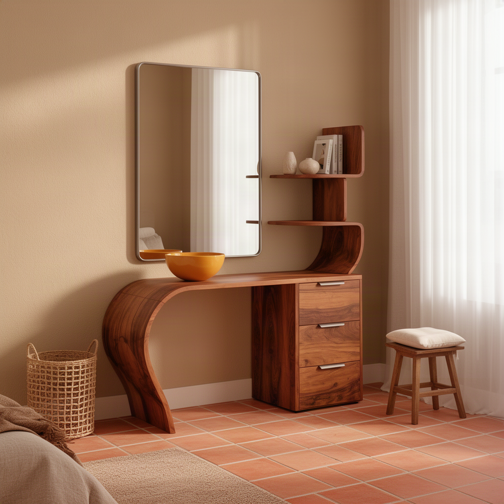 Arcelle sculptural wood vanity desk in brown finish with a sweeping wave leg and open upper display shelves