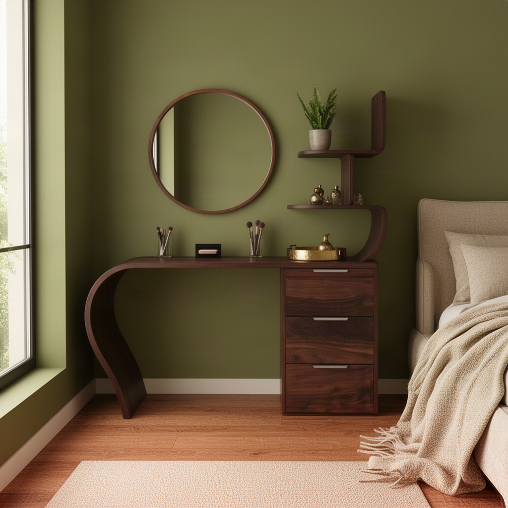 Arcelle curved wood makeup vanity in a dark finish with drawers and shelves in an olive green bedroom