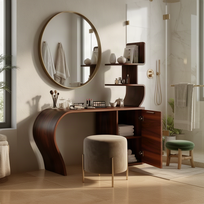 Arcelle sculptural vanity desk in a dark wood finish styled as a dressing table with an upholstered stool