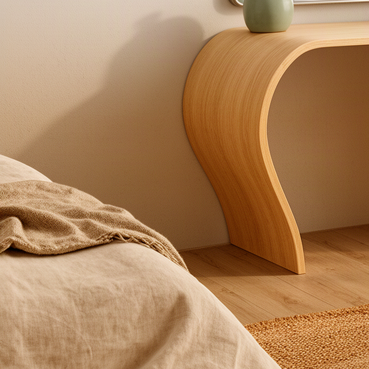 Close-up of the Arcelle oak vanity desk showing the sweeping S-curve solid wood leg and smooth natural grain